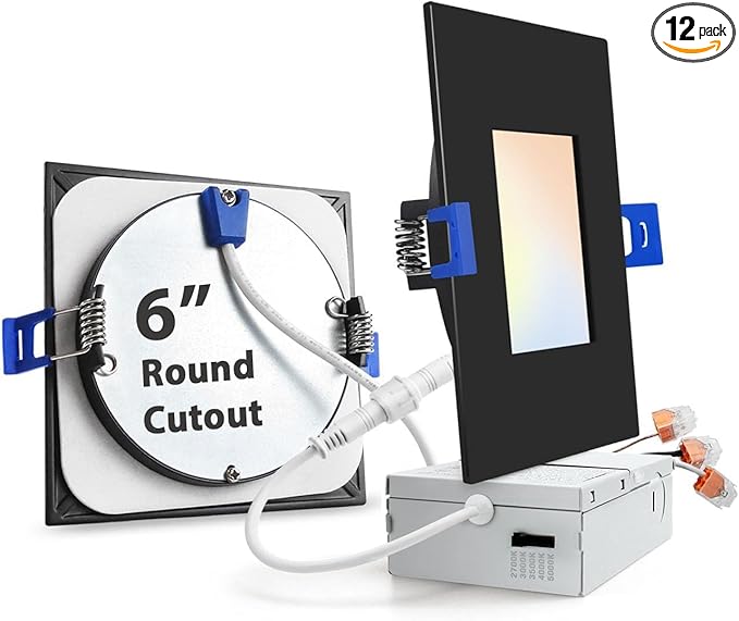zouzai Square Led Recessed Lighting,5CCT Ultra Thin Square Led Ceiling Light with Junction Box,CRI90,2700K-5000K Selectable,Dimmable Canless Downlight,ETL and Energy Star (Black【12 Pack】, 6 Inch)