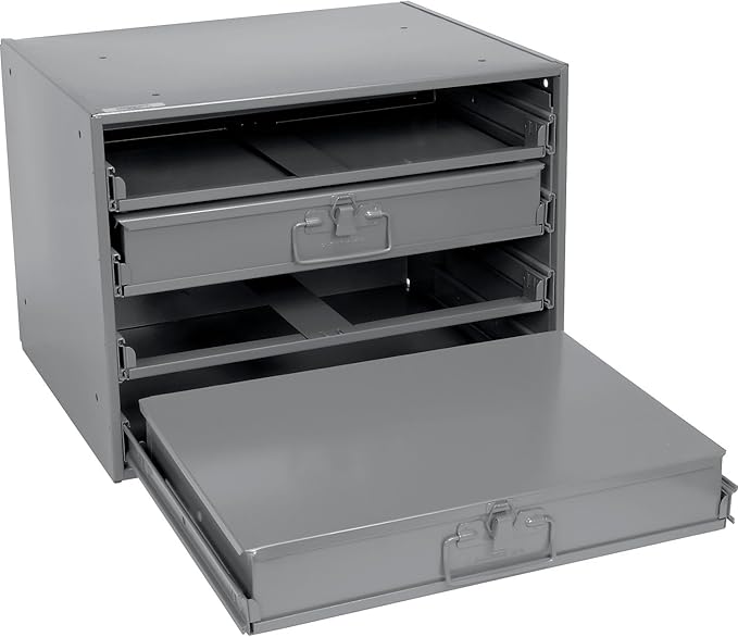 Global Industrial Durham Steel Compartment Box Rack with 4 Adjustable Divider Compartment Boxes, 20 x 15-3/4 x 15