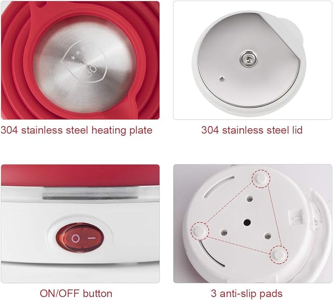Ultrathin Upgraded Food Grade Silicone Travel Foldable Electric Kettle Boil Dry Protection Portable with Dual Voltage and Separable Power Cord,555ML 110-220V US Plug