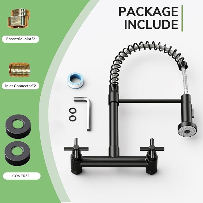 Wall Mount Kitchen Faucet, Hurran Matte Black Kitchen Sink Faucet, 8 Inch 2 Handle Wall Mount Commercial Sink Faucet with Pull Down Sprayer for Kitchen Laundry Room Restaurant