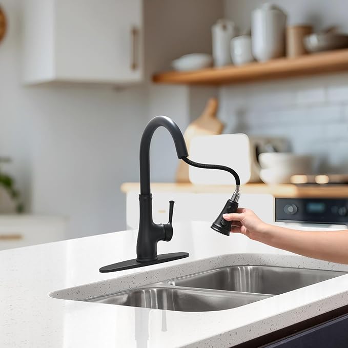 WEWE Vintage Kitchen Faucet with Pull Down Sprayer, Stainless Steel 1 or 3 Hole High Arc Single Handle Antique Sink Faucet for Classic Modern Ktichen, Matte Black