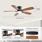 52inch Ceiling Fans with Lights, Low Profile Ceiling Fan with Light and Remote Control/APP Control, Flush Mount, Reversible Motor, Dimmable, Noiseless, Brown Ceiling Fan for Bedroom (Brown)