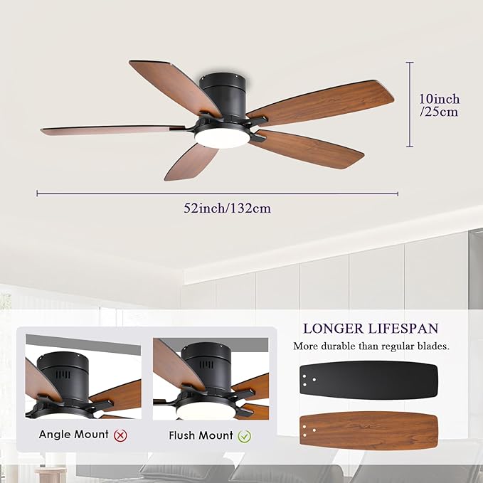 52inch Ceiling Fans with Lights, Low Profile Ceiling Fan with Light and Remote Control/APP Control, Flush Mount, Reversible Motor, Dimmable, Noiseless, Brown Ceiling Fan for Bedroom (Brown)
