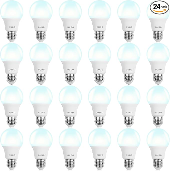BUBO LED Light Bulbs, 60 Watt Equivalent LED Bulbs A19, 5000K Daylight Light Bulbs, 800 Lumens, E26 Standard Base, Non-Dimmable, 8W Bright White LED Bulbs for Bedroom Home Office, 24 Pack