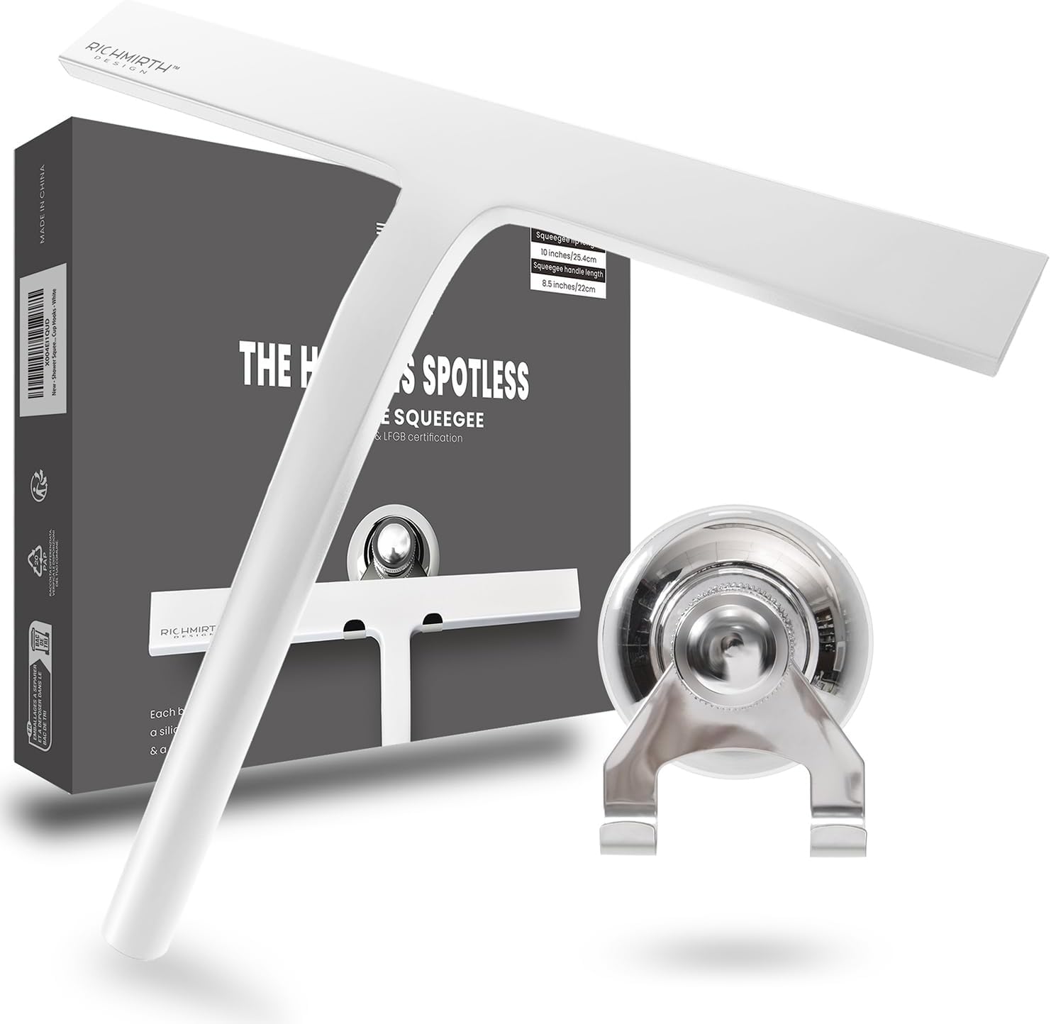 Shower Squeegee for Glass Doors 10 Inch, RICHMIRTH All Purpose Squeegee Cleaning Tool for Window Glass Mirror Bathroom Tile with Suction Cup Hooks - White