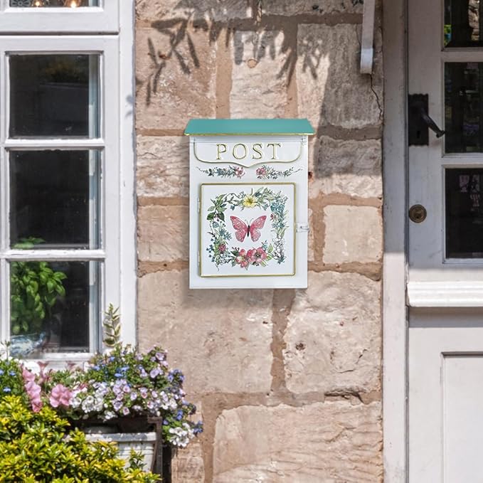 Mailbox Wall Mount Mailboxes for Outside Vintage Mail Boxes for House Outside Metal Drop Box Antique Style Nostalgic Charm Home Decorative, Butterfly Pattern, White