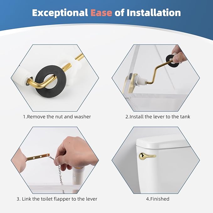 iFealClear Universal Metal Toilet Tank Flush Lever Replacement, Side Mount Toilet Handle Replacement Kit, Stainless Steel Chain, Solid Brass Material, Polished Gold