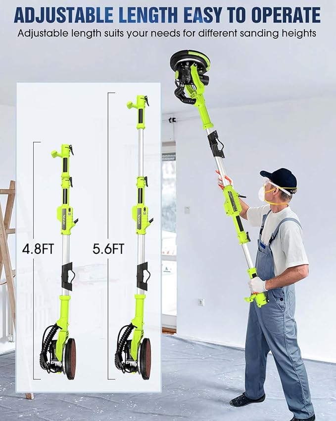 Drywall Sander, 7.2A Electric Drywall Sander with Vacuum Dust Collection, 6 Variable Speed 900-1800RPM, LED Light, Foldable & Extendable Handle, 9 Pcs Sandpaper&3 Pcs Grid Sandpaper, Full Green