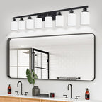 8-Light Bathroom Light Fixtures Over Mirror, 52inch Modern Matte Black Vanity Lights with White Frosted Glass Shade, Bathroom Wall Lamp Sconces for Mirror Bedroom, Living Room Hallway