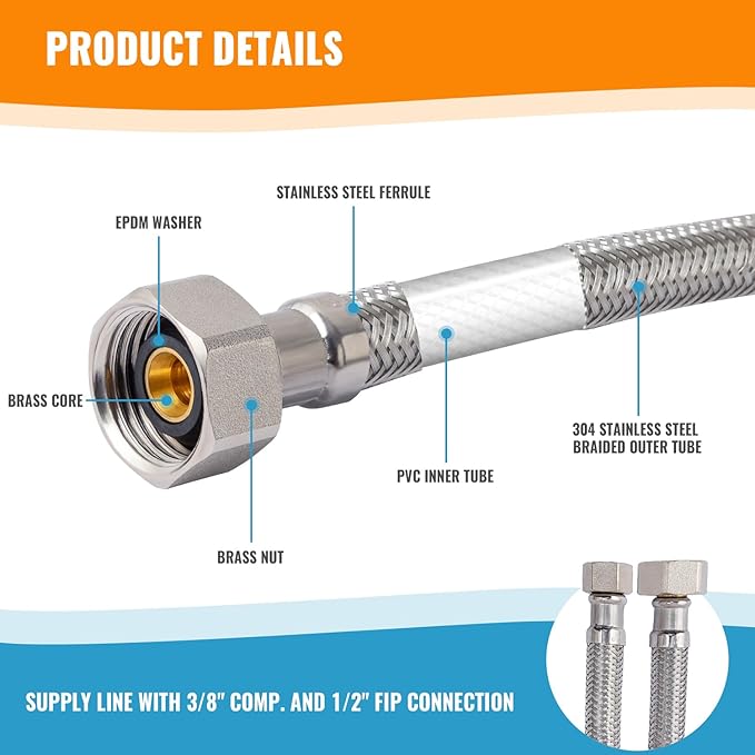 (6 Pack) SUNGATOR 36 Inch Faucet Supply Lines, 3/8" Female Comp Thread x 1/2" FIP Thread Sink Hose, 36" Stainless Steel Braided Faucet Supply Line for Bathroom, with 2 Wrenches and 1 Sealing Tape