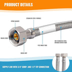 (2 Pack) SUNGATOR 48 Inch Faucet Supply Lines, 3/8" Female Comp Thread x 1/2" FIP Thread Sink Hose, 48" Stainless Steel Braided Faucet Supply Line for Bathroom, with 2 Wrenches and 1 Sealing Tape