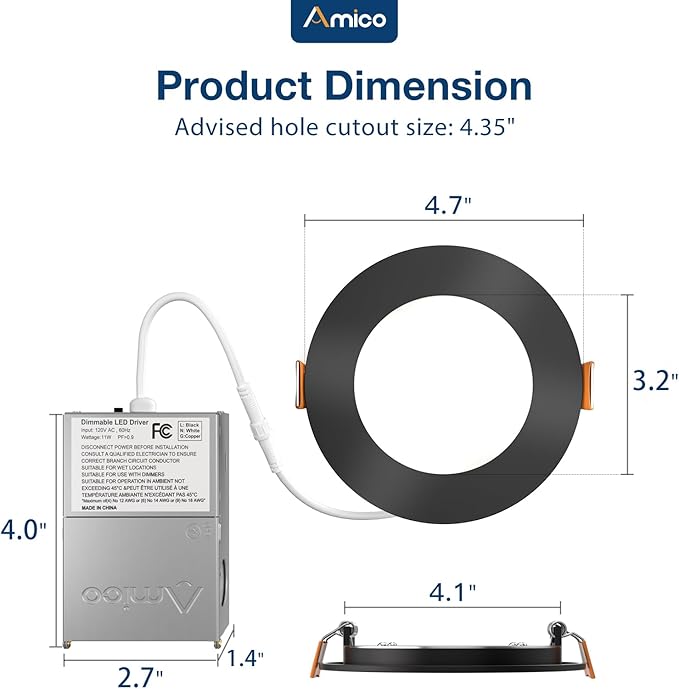 Amico 24 Pack 4 Inch Black 5CCT Ultra-Thin LED Recessed Ceiling Light with J-Box, 2700K/3000K/3500K/4000K/5000K Selectable, 10W Eqv 70W, Dimmable Canless Downlight, 800LM High Brightness, ETL, FCC