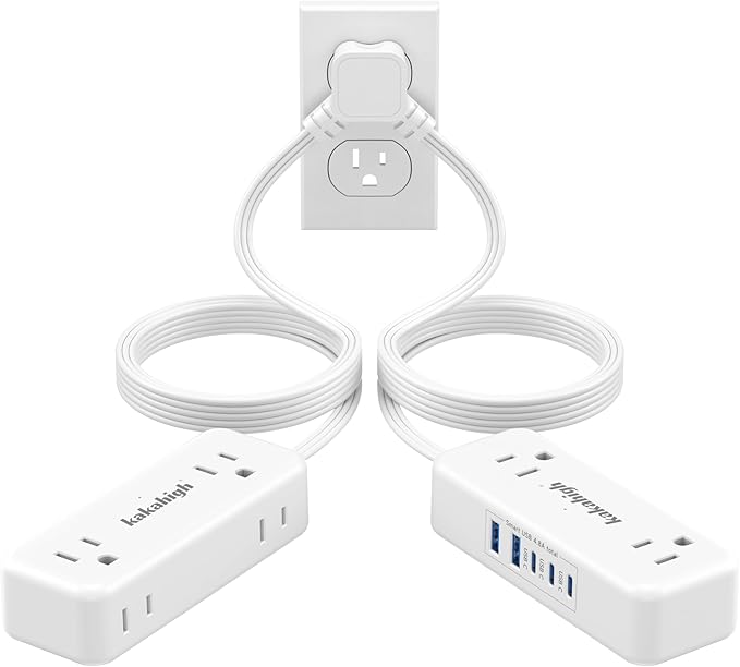 Split Extension Cord 10FT (5FT on Each Side), Single Flat Plug Twin Extension Cord with 4 AC Outlets, 2 USB-A & 3 USB-C(24W/4.8A), Nightstand Charging Station for Bedroom Dorm Room Home, His and Hers