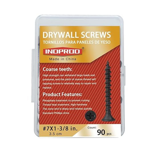 #7 x 1-3/8" Phillips Bugle Head Coarse Thread Sharp Point Drywall Screw, Self Tapping Wood Screws with Black Phosphate Coated, Ideal Screw for Drywall, Wood and Sheetrock, 90 Pieces