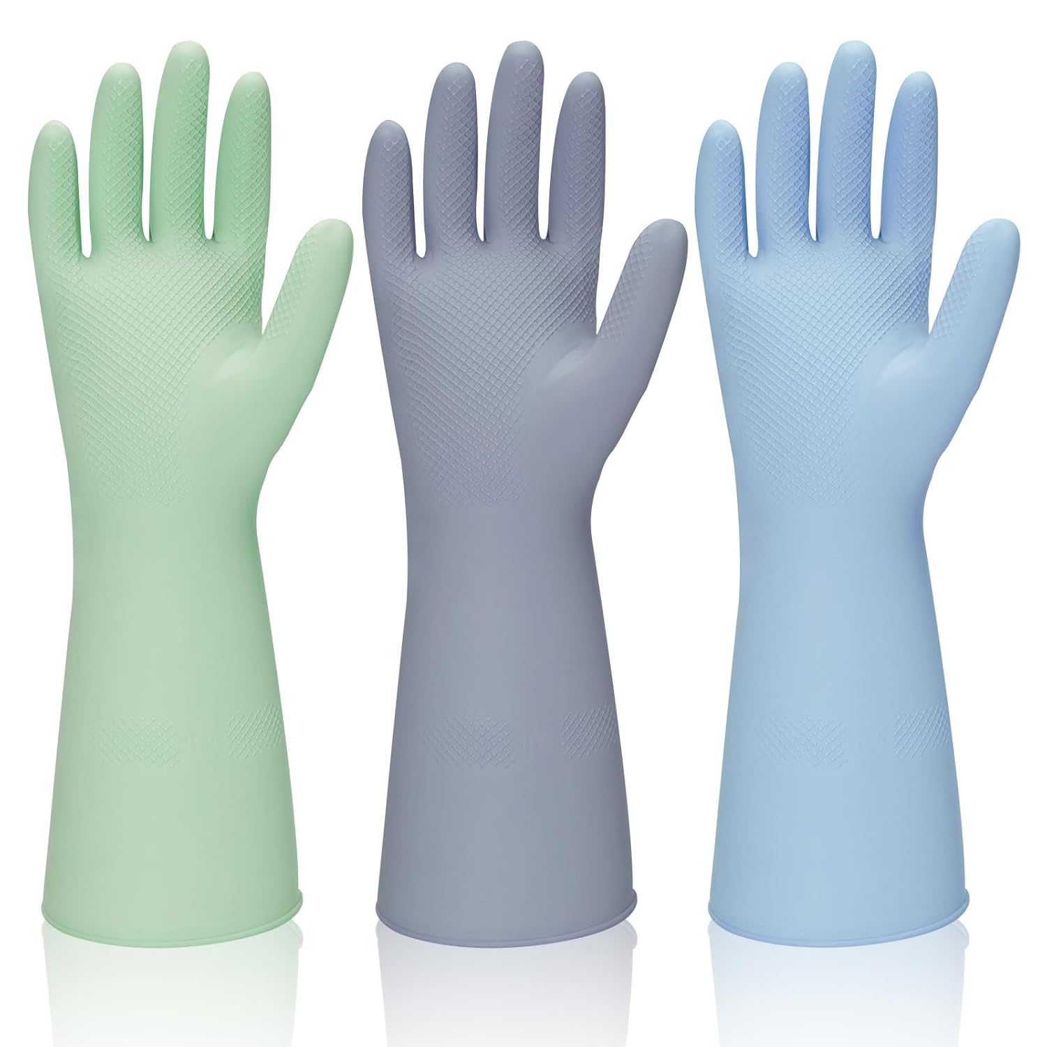 Rubber Kitchen Dishwashing Gloves - 3 Pairs Reusable Household Cleaning Gloves, Flexible and Durable & Non-slip Cleaning Gloves, Great for Kitchen, Bathroom, Laundry (Medium, Green+Blue+Grey)