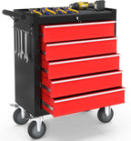 5-Drawer Rolling Tool Chest Toolbox, Rolling Tool Box with Wheels, Tool Chest with Keyed Locking System and Drawer Liners, Tool Box Organizer for Garage, Warehouse, Workshop(BlackRed)