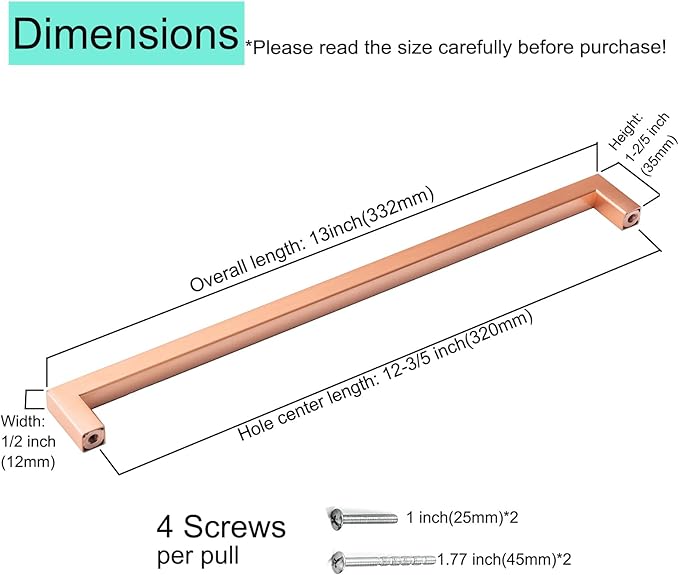 10 Pack 12 3/5 Inch Brushed Copper Cabinet Pulls Red Copper Square Cupboard Handles Modern Stainless Steel Drawer Pulls Kitchen Cabinet Hardware Kitchen Handles