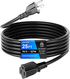 25 FT Outdoor Extension Cord Waterproof, Black, 3-Prong Power Cord, 16 AWG SJTW, 13A 1625W, Grounded, General Purpose Long Extension Cord for Lawn & Garden, ETL Listed