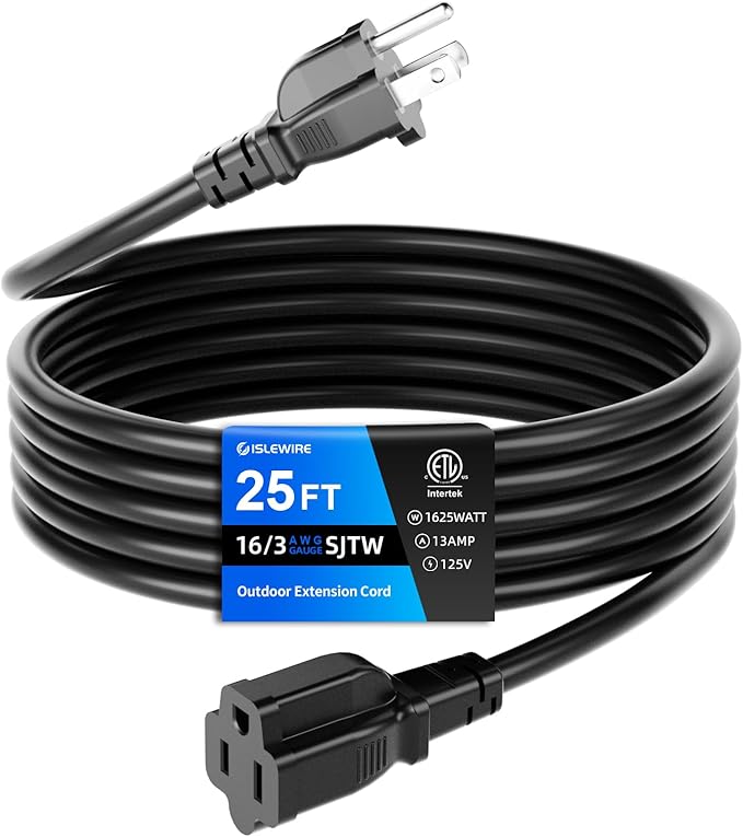 25 FT Outdoor Extension Cord Waterproof, Black, 3-Prong Power Cord, 16 AWG SJTW, 13A 1625W, Grounded, General Purpose Long Extension Cord for Lawn & Garden, ETL Listed