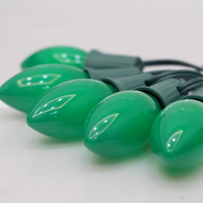 25 Pack C9 Ceramic Green Replacement Bulbs, St. Patrick's String Light Bulb Vintage Incandescent Light Bulbs for Christmas Wedding Patio St. Patrick's Day Decoration, E17/C9 Intermediate Base, 7 Watt