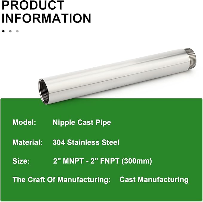 TAISHER 1PCS Stainless Steel Pipe Fittings, 2" NPT Male x 2" NPT Female Threaded, 12" Length Nipple Cast Pipe