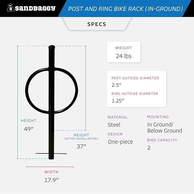 Sandbaggy Post and Ring Bike Rack - Commercial Outdoor Bike Parking Racks (In-Ground, 1)