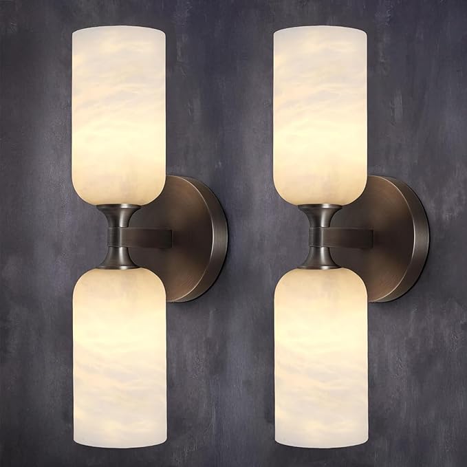 14in Modern Spanish Natural Marble Bathroom Vanity Sconces, Alabaster Wall Sconces Set of Two, Black Alabaster Sconce Wall Lighting, Black Wall Light Fixtures Decor