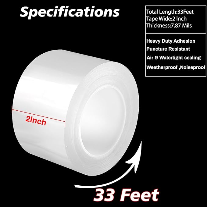 Window Weather Sealing Tape 2 Inch x 33 FT Weather Stripping Residue-Free Clear Window Draft Isolation Sealing Film Caulk Tape for Doors and Shower Glass Gaps Bathroom