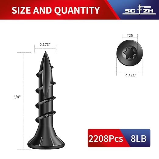 #8 x 3/4" Deck Screws (2208Pcs) 8lb. Exterior Wood Screws. Carbon Steel, Black, Flat Head, Rust Resistant epoxy Coated, with T25 Star Bit