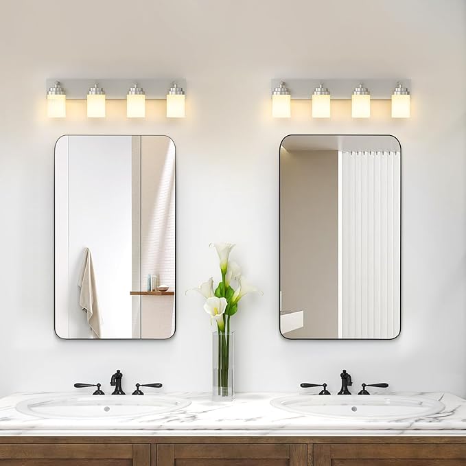 IZORRO Bathroom Vanity Light Fixture, 4-Light 27.5 Inch Brushed Nickel Bathroom Light Fixtures Over Mirror, with White Glass Shade, Modern Farmhouse Vanity Lights, Rustic Restroom Lighting Fixtures
