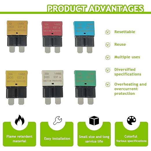 5A 10A 15A 20A 25A 30A DC 12V-14V Auto Reset Circuit Breaker ATC/ATO Low Profile T1 Mini Blade Fuses Breakers for Car Trucks Marine Boat RV Solar and More,2 Pack