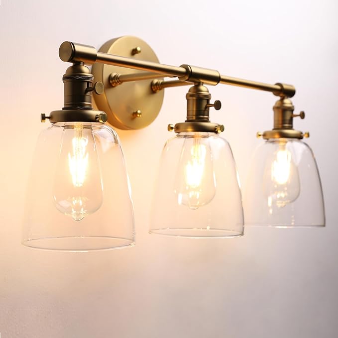 Phansthy 3-Light Wall Sconces Antique Brass Vanity Light, Industrial Wall Lamps with On Off Switch and Clear Glass Lampshade, Vintage Wall Lighting for Bathroom Living Room (Antique, Bell Shade)