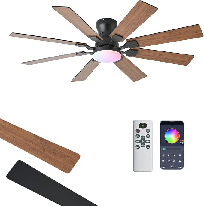 52 inch Ceiling Fan with Light, 6 Speeds Reversible Low Profile Ceiling Fan with Light and Remote/APP Control, 3 Color Temp+Dimmable RGB, 8 Blades, Flush Mount Quiet Ceiling Fans, Brown