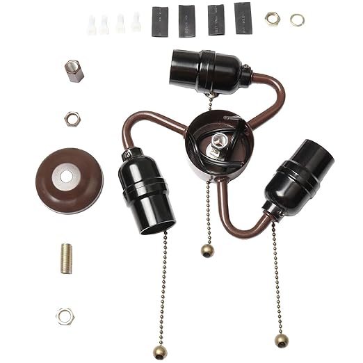 Bieye SC02 E26 Light Socket Cluster with Pull Chain Switch and Electrical Wiring Accessories (3-Light, Brown)