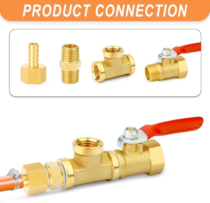 GASHER 6PCS 3/8 Inch NPT Brass Pipe Fitting, Ball Valve, Barstock Tee Brass Pipe Fitting and Air Hose Fitings