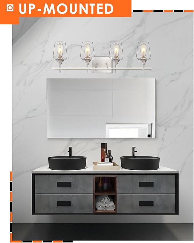 4-Light Bathroom Lighting Fixtures Over Mirror, 24 Inch Brushed Nickel Vanity Lights with Clear Glass, Modern Bath Wall Sconce Lighting for Bathroom, WL9167-4C