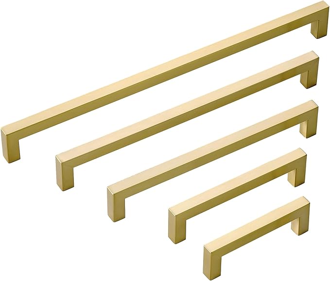 10 Pack 8 Inch Brass Cabinet Handles Brushed Brass Cabinet Pulls Imitation Gold Cabinet Pulls Square Gold Pulls Brass Cabinet Hardware for Cabinet, Cupboard, 8'' Hole Centers