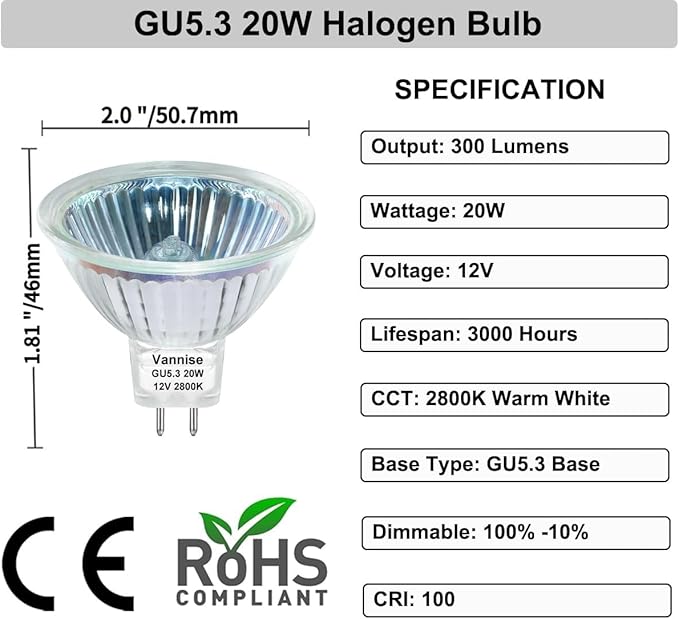 MR16 Bulb 20W, High Output 300LM MR16 Halogen Bulb 20W 12V Warm White 2800K, Halogen GU5.3 Base, MR16 Dimmable with Clear Glass Cover, Long Lasting MR 16 12V 20 W Halogen Bulb