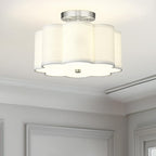 Semi Flush Mount Ceiling Lights, 3-Light 13" Ceiling Light Fixtures with Fabric Shade in Flower Shape, Brushed Nickel Drum Lighting for Nursery Hallway Bedroom Kitchen, AD-22007-3SF-SN