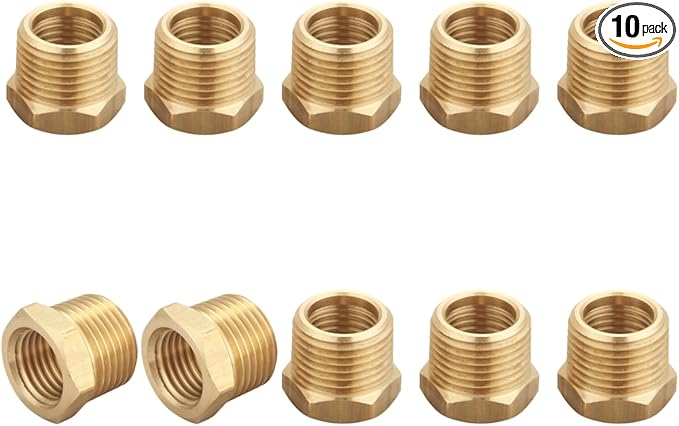 3/8 Inch Male x 1/4 Inch Female Reducing Adapter, NPT Brass Hex Bushing, Hex Head Pipe Fitting, Thread 0.625" OD × 0.5" ID, (Pack of 10)