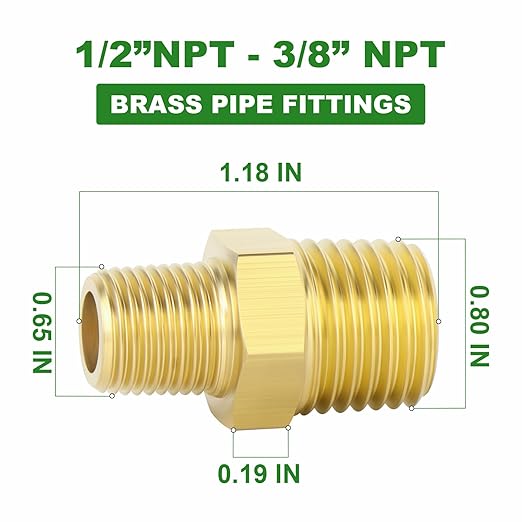 TAISHER 8PCS Brass Pipe Fitting, Reducer Adapter, Hex Nipple, 1/2-Inch Male Pipe x 3/8-Inch Male Pipe