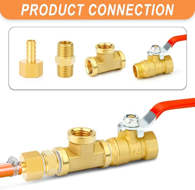 GASHER 6PCS 1/2 Inch NPT Brass Pipe Fitting, Ball Valve, Barstock Tee Brass Pipe Fitting and Air Hose Fitings