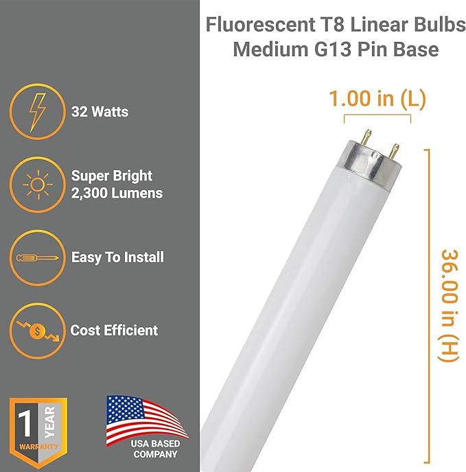 Diodesy- T8 Fluorescent Tube Light Bulb 36 Inch 25W 3500K Neutral White Medium 2-Pin G13 Base 2300 Lumens 3Ft Straight High Performance Replacement Linear Glass Lamp 20000 Hour Lifespan Pack of 10
