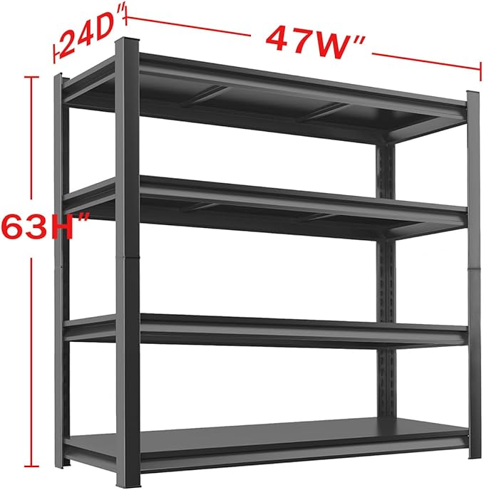 Metal Garage Storage Shelves Heavy Duty Shelving Unit 4 Tier Steel Adjustable Organizing Shelves 2500 LBS Capacity Industrial Shelving Ideal for Garage Tote Pantry Basement Outdoor, 63”Hx47”Wx24”D