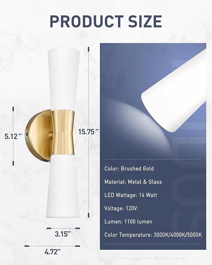 kudos Wall Sconces 16inches Gold Vanity Light Fixtures, Modern Sconces Wall Lighting with Milk White Glass, Dimmerable 3000K/4000K/5000K for Bathroom Bedroom, KDVL13-GD