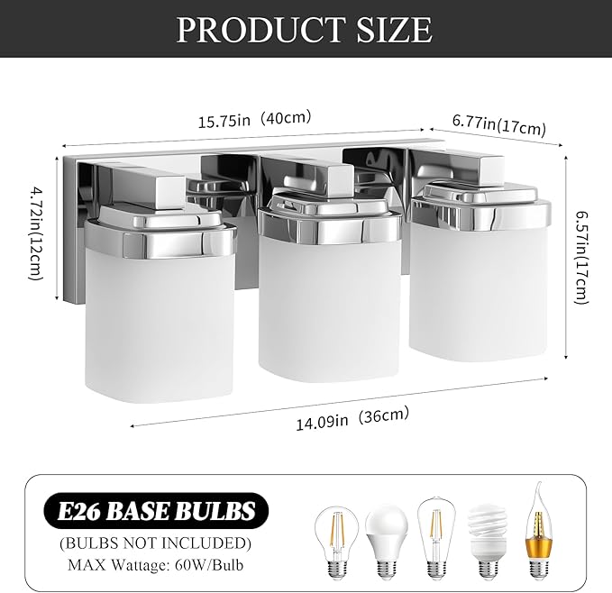 3-Light Chrome Bathroom Light Fixtures, Vanity Lights for Bathroom Mirror Lamp with Milky White Square Glass Shade, E26 Base Modern Wall Sconce Kitchen Light Fixtures Led Vanity