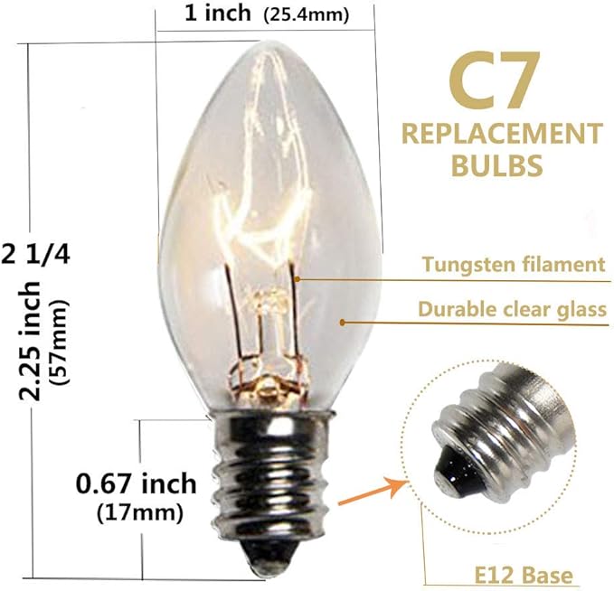 SUNSGNE 25 Pack Clear Replacement Bulbs Night Light Bulbs, C7 Clear Christmas Incandescent Light Bulbs for Night Light Salt Lamp Outdoor Patio String Light, E12/C7 Candelabra Base, 120 Volt, 5 Watt
