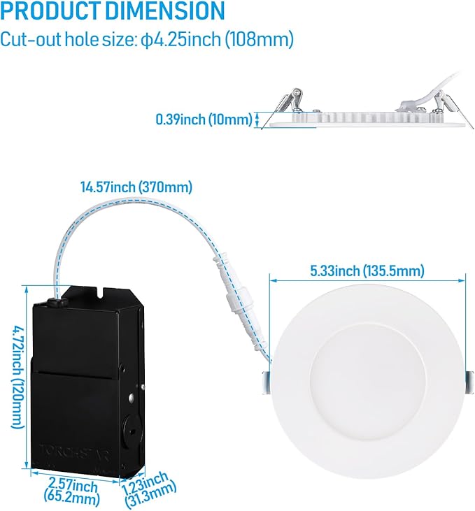 TORCHSTAR Premium Series 4 Inch Ultra-Thin LED Recessed Light with Junction Box, 10.5W Dimmable LED Canless Recessed Ceiling Lights Slim, ETL & ES Listed, CRI90, 5000K Daylight, White, Pack of 6