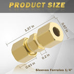 Brass Tube Pipe Compression Fitting, 10 Pcs 1/4" Tube OD x 1/4" Tube OD Ice Maker Water Line Compression Union Connector & 10 PCS Compression Sleeves Ferrules