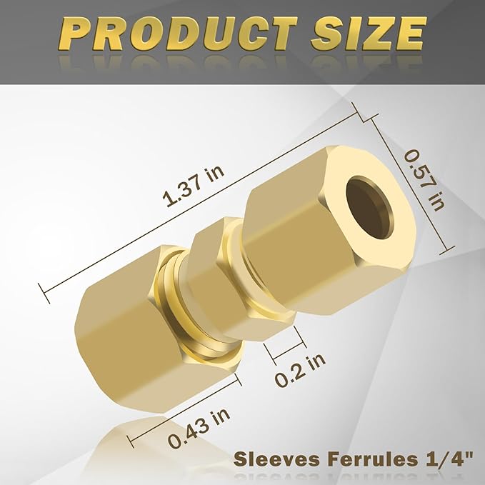 Brass Tube Pipe Compression Fitting, 10 Pcs 1/4" Tube OD x 1/4" Tube OD Ice Maker Water Line Compression Union Connector & 10 PCS Compression Sleeves Ferrules